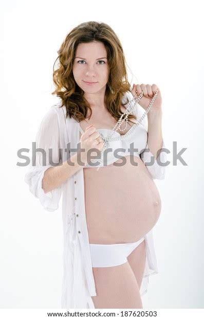 Pregnant Girl White Transparent Dress Portrait Stock Photo