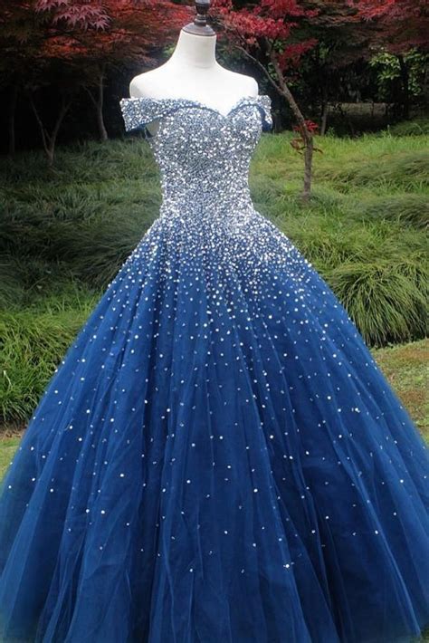 Sparkle Off The Shoulder Blue Ball Gown Prom Dresses Puffy Tulle