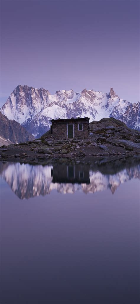 Mountain Hut Wallpaper 4k Mirror Lake Snow Covered Glacier Mountains