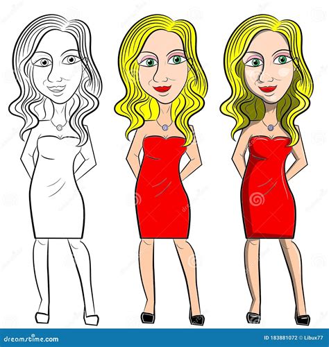 Beautiful Blonde Full Body Woman Caricature Cartoon Character In Three