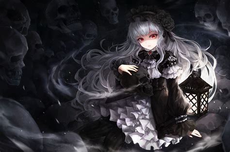 Download 2560x1700 Gothic Anime Girl Skulls White Hair Dress Lantern Red Eyes Wallpapers