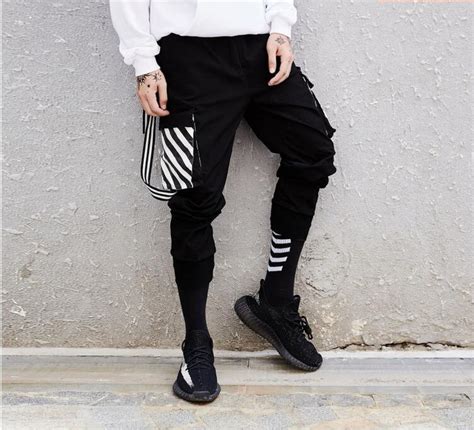 street fashion brand black and white striped pants men s big pockets straps slim pants pants