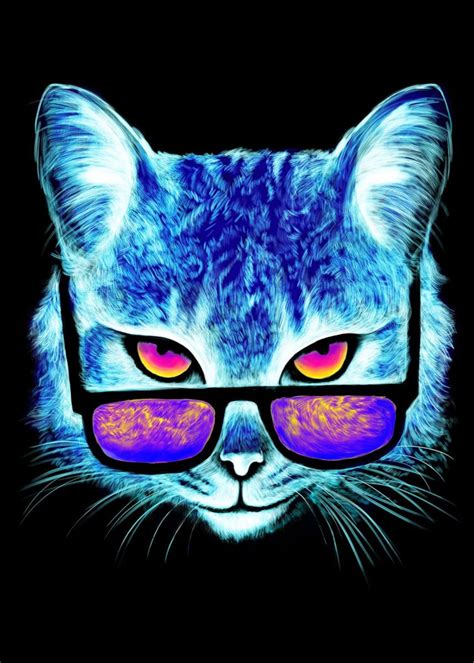 Neon Cat With Sunglasses Poster Etsy