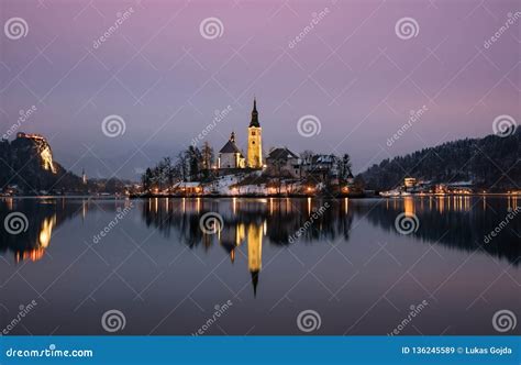 Amazing Sunset At The Lake Bled In Winter Slovenia Stock Image