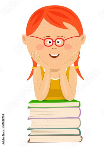 Cute Little Red Haired Nerd Girl With Glasses Leans On Stack Of Books