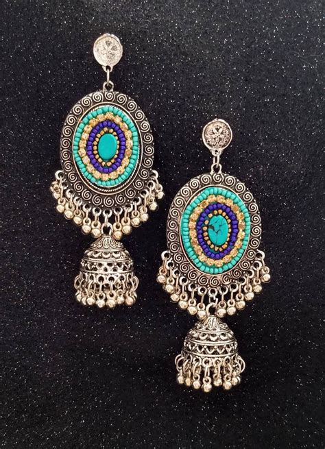 Oxidized Silver Jewelry Indian Jewelryboho Earrings Blue Jhumka