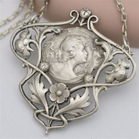 Vtg Antique French Art Nouveau 800 Silver Lady Flower Pendant Necklace