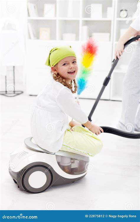 Little Girl Helping Mother To Clean The Room Stock Photo Image Of