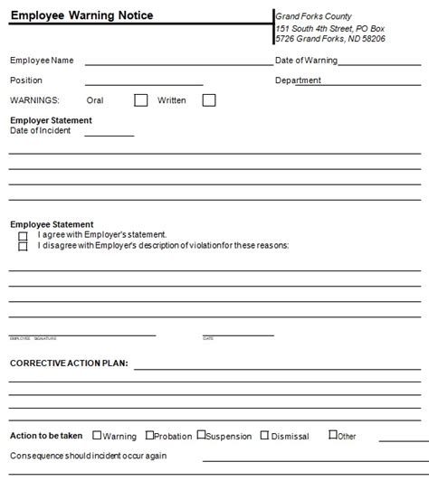 Free Employee Warning Notice Template Pdf Word Eforms Printable Employee Write Up Form
