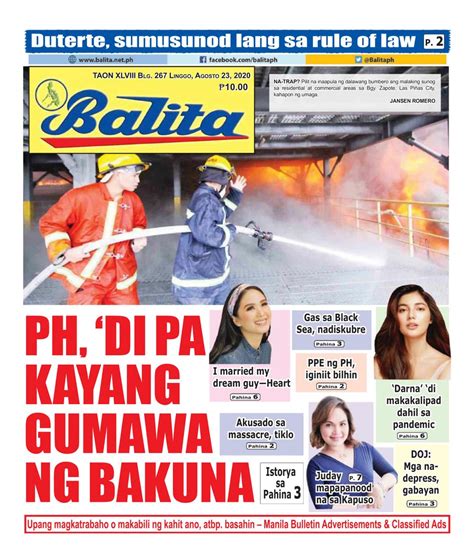 Balita August 23 2020 Newspaper Get Your Digital Subscription