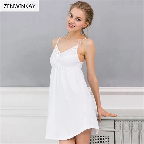 Zenwinkay Summer White Strap Mini Sleeveless Nightgown Cotton Nighties For Women Sleepwear