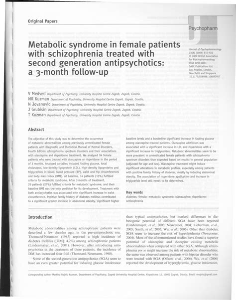 pdf metabolic syndrome in female patients with schizophrenia treated with second generation