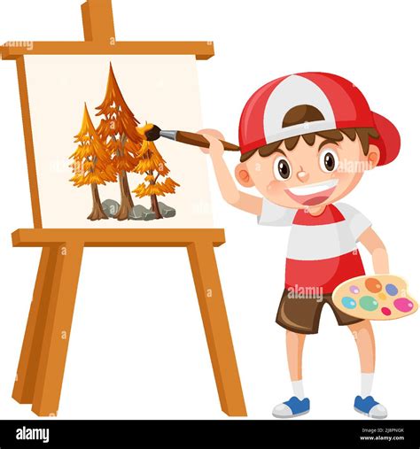 Cute Boy Painting On Canvas Illustration Stock Vector Image And Art Alamy