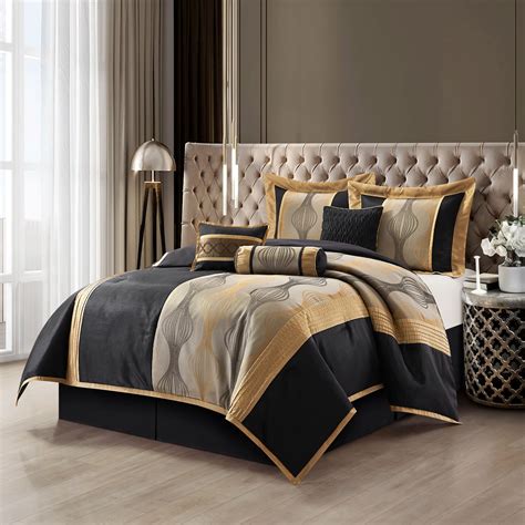 Lanco Elegant Black And Gold Comforter Set Striped 7 Pieces Jacquard