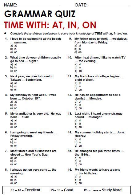 Free Grammar Quizzes Printable