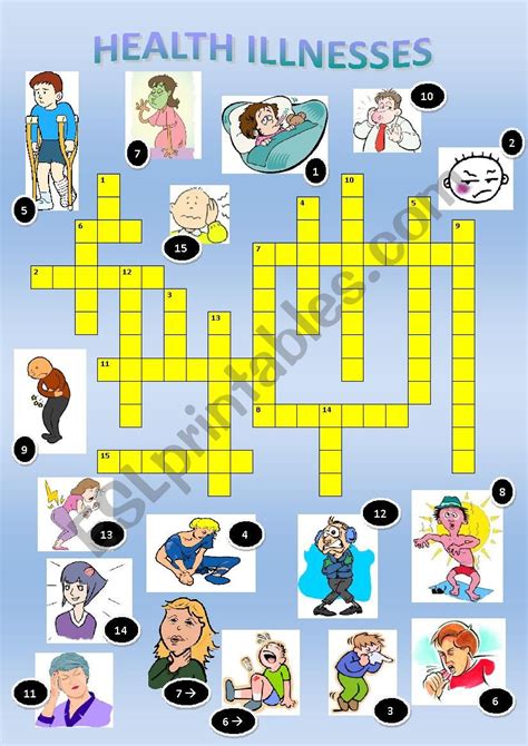 This illnesses vocabulary list includes common aches and pains we feel in our bodies. Illnesses & injuries crosswords - ESL worksheet by Rackine35