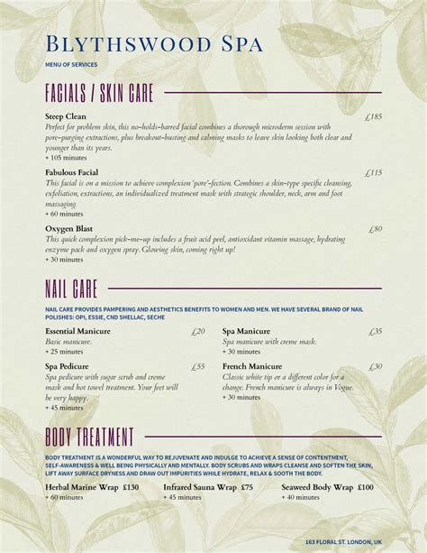 Esthetician Spa Menu Template