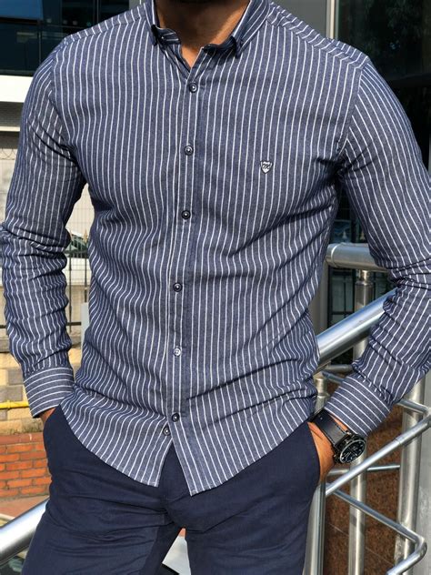 Gentwith Eli Navy Blue Slim Fit Pinstripe Shirt