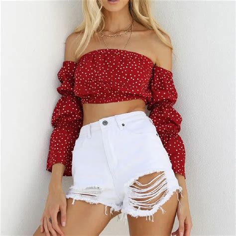 Sexy Strapless Off Shoulder T Shirt Women Dot Bare Midriff Cropped Tops Tee Long Puff Sleeve