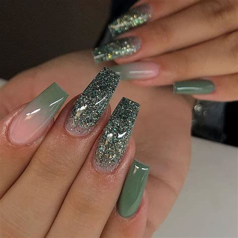 Dusty Greenombre And Glitter On Long Coffin Nails Follow For Daily