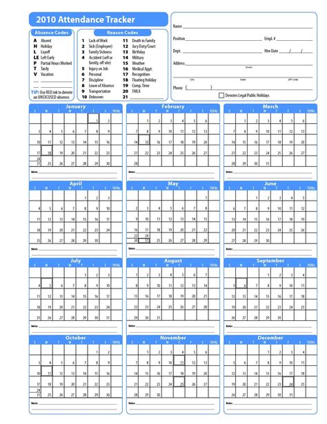 Printable Employee Attendance Calendar Template Vacation Calendar