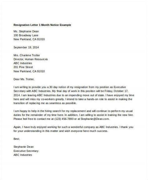 sample resignation letter  month notice