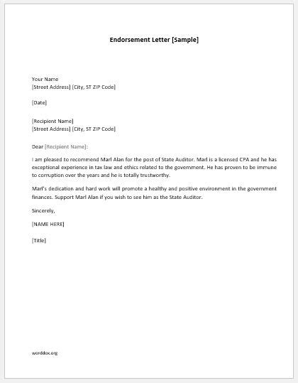 There are some samples of the letters with different types and templates with. Endorsement Letters Sample Templates | Word Document Templates