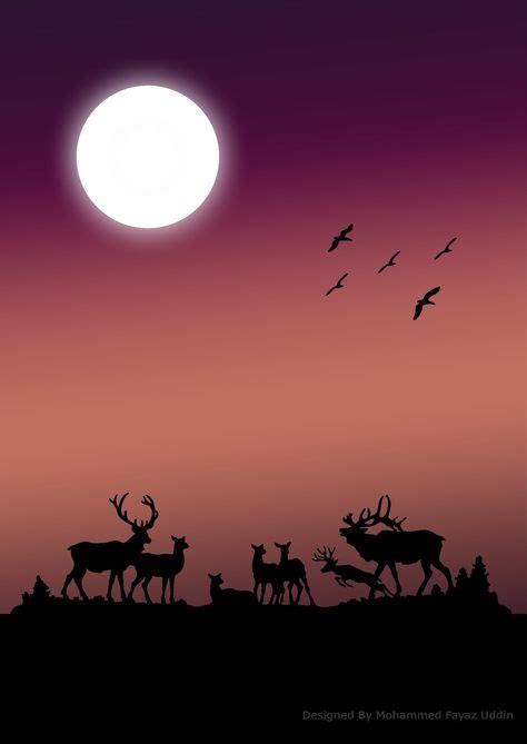 Night Scene With Full Moon View Reindeer Birds Fullmoon Moon