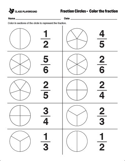 Printable Fraction Circles Color The Fraction 3rd Grade Fractions
