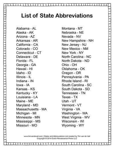 List Of State Abbreviations Tim S Printables