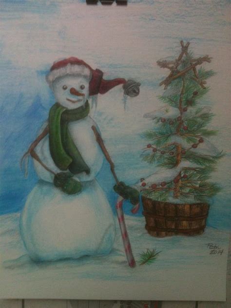 Original Colored Pencil Snowman Christmas Art Art Painting