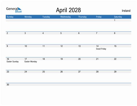 Editable April 2028 Calendar With Ireland Holidays