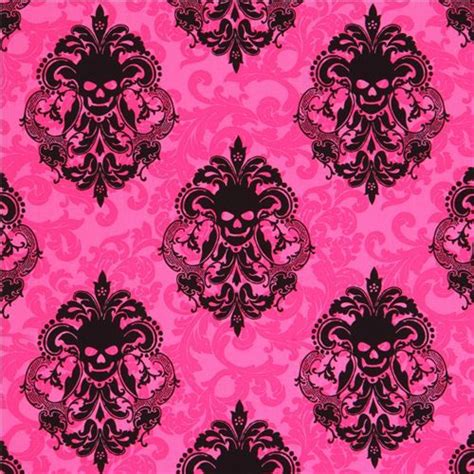 Hot Pink Fabric With Pink Black Leaf And Skulls Goth Damask Michael