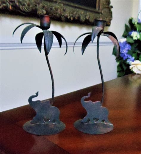 Elephant And Palm Tree Metal Candle Holders Set Of 2 Vintage Etsy