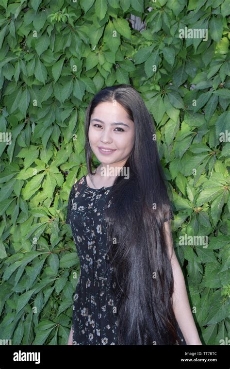 Beautiful Young Woman From Uzbekistan With Very Long Black Hair Stock