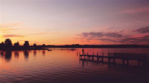 Wallpaper Pier Silhouette Sunset Lake Loneliness Hd Widescreen