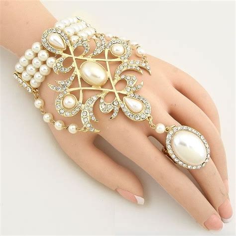 Cream Pearl Majestic Motif Hand Chain Gold Tone Rhinestone Crystal Accent Handchain Bracelet