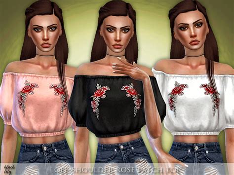 The Sims Resource Off Shoulder Rose Patch Top By Black Lily • Sims 4