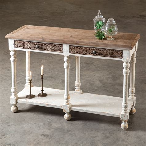 White entryway table with drawers. Farmhouse-Style White Distressed Wood Sofa Table With Drawers