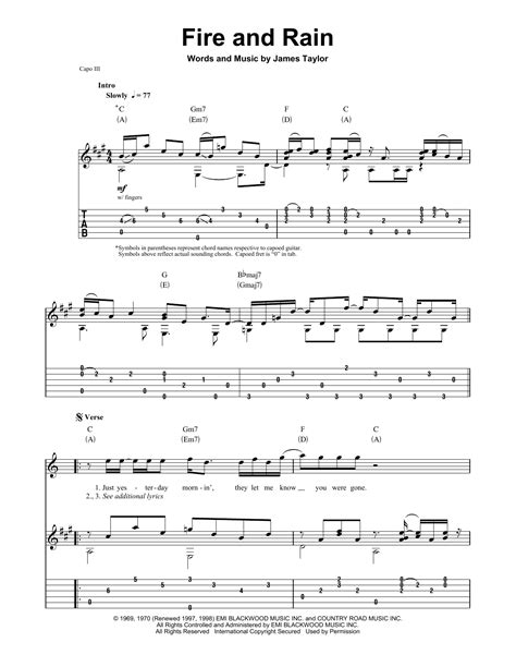 Fire And Rain By James Taylor Guitar Tab Play Along Guitar Instructor