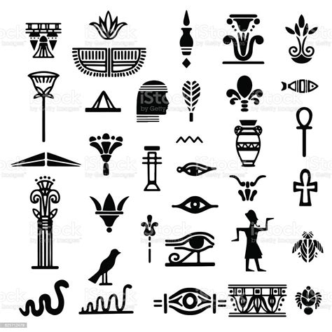 Egyptian Icon Set Black Silhouettes Hieroglyphs Stock Illustration