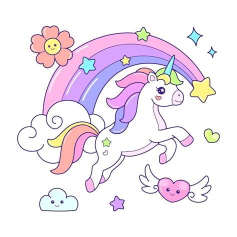 Premium Vector Cute Unicorn Flying Over The Rainbow Illustration