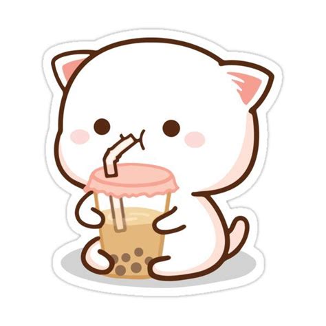 Peach And Goma Mochi Cat Bubble Tea Sticker By Misoshop In 2021 Cute