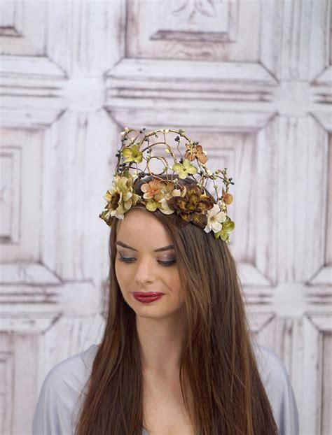 Gold Woodland Crown Ivory Green And Brown Woodland Crown Etsy
