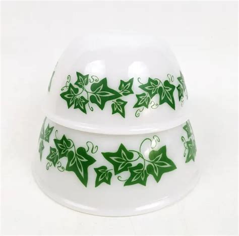 Vintage Hazel Atlas Set Milk Glass Ivy Green Leaf Mixing Bowls