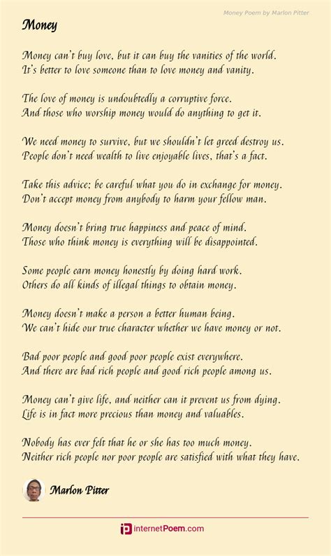 Money Poem By Marlon Pitter