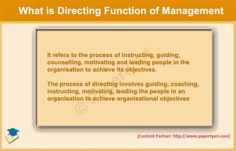 Managers must also lead by communicating goals throughout the organization, by building commitment to a common vision, by creating shared values and culture watch the following video for an overview of the management process and a simple example of how the management functions work together. What is Directing Function of Management? - Paper Tyari