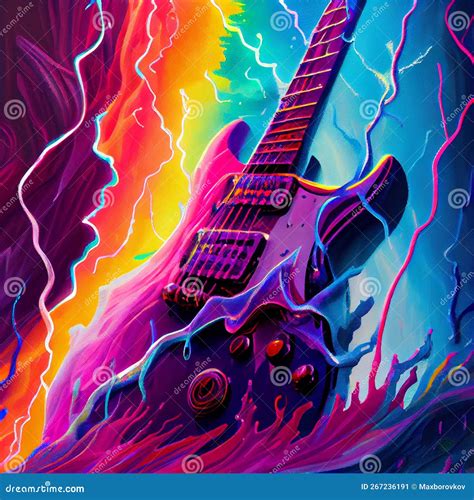 Colorful Guitar With Thunder Ai Generative Stock Illustration