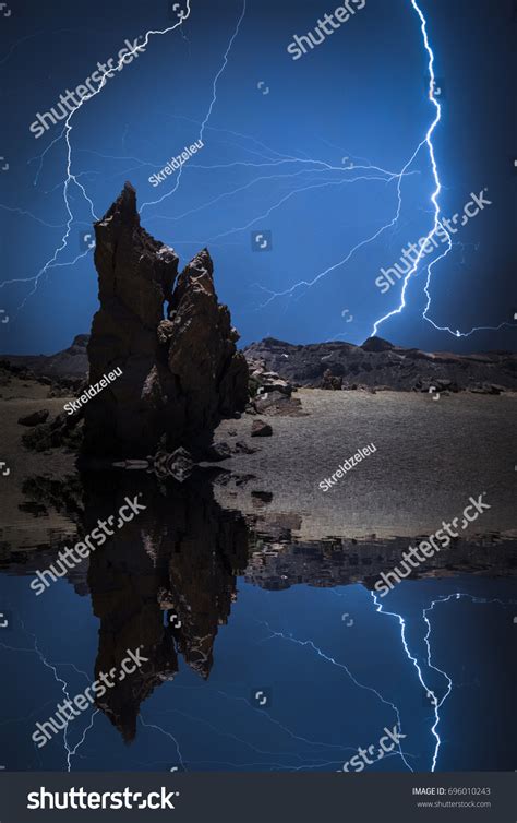 Strong Thunderstorm Powerful Flashes Lightning Against Stock Photo