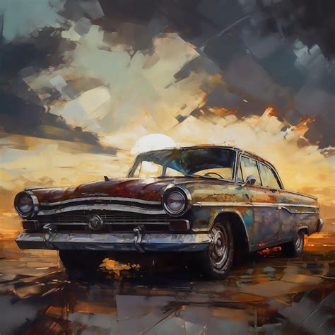 Premium Ai Image Painting Of A Classic Car At Sunset